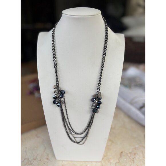 Kenneth Cole Layered Gunmetal Chain Necklace With Black & Clear Faceted Beads & - Picture 10 of 11